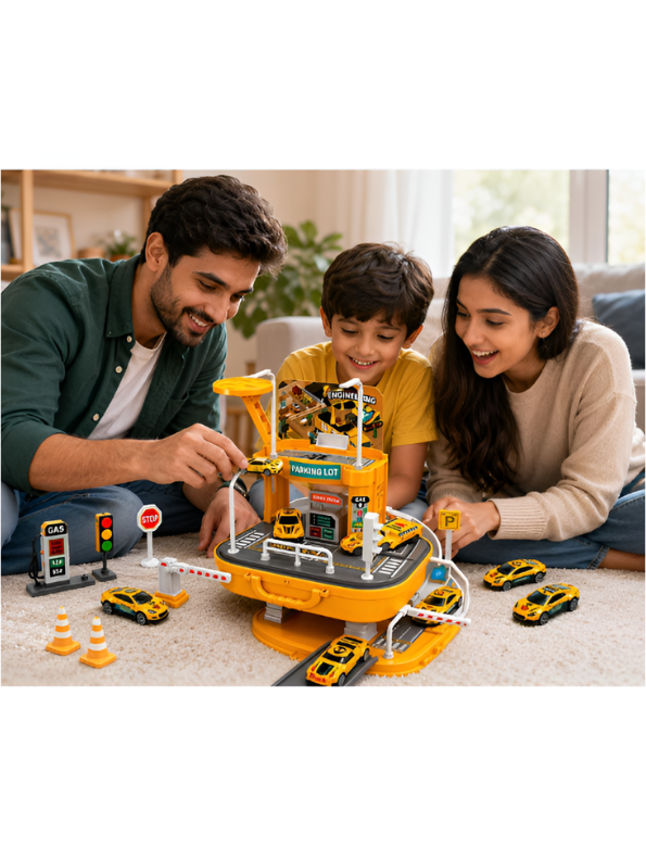 Portable 2-in-1 Engineering Car Garage Suitcase Play Set | Multi-Tier DIY Parking Lot Track Toy with Die-Cast Vehicles & Accessories for Toddlers TV6777