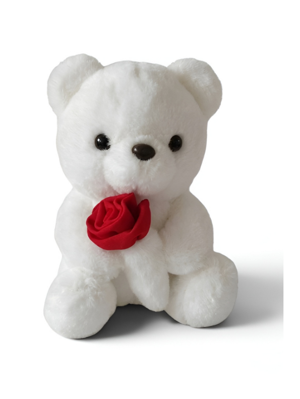 Premium Plush Brown Teddy White Holding Red Rose 8-Inch – Statement Piece Stuffed Gift ST16757