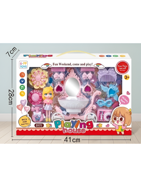 Princess Dressing Table & Carriage Vanity Set – Pretend Play Toy with Doll & Magic Accessories Blue NX15619.