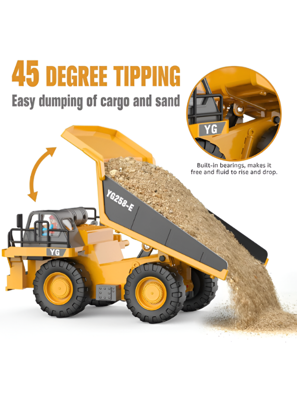 RC Construction Dump Truck 2.4G 9CH All-Terrain Remote Control Toy Vehicle - Metal Bed, 6lb Load, Lights & Audio TV7209