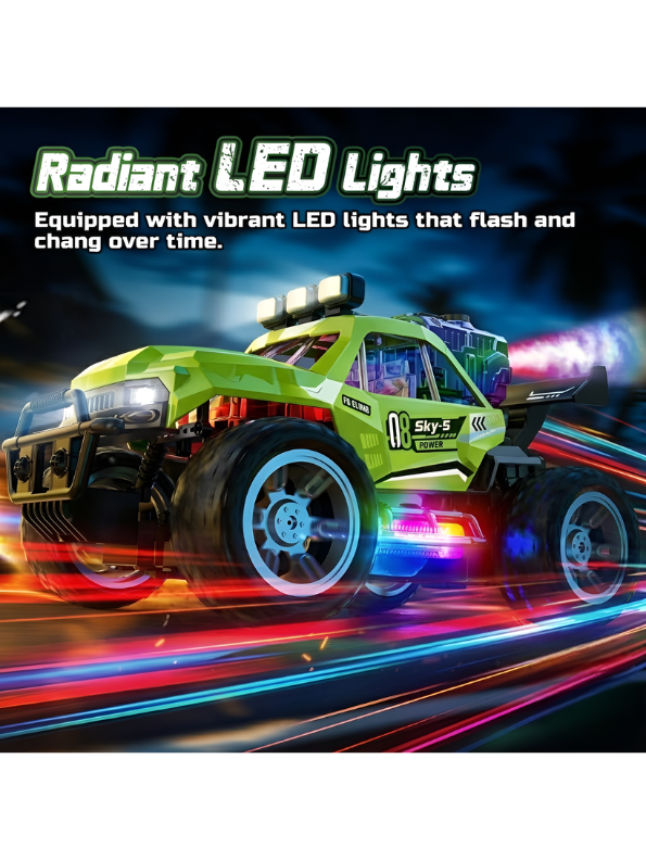 RC Green Spray Stunt Buggy – 1:18 Scale All-Terrain Remote Control Climbing Truck with LED Lights, Exhaust Mist Effect & USB Rechargeable Battery LMI16891
