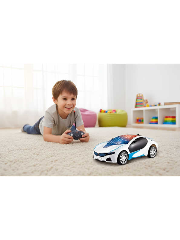 3D Famous Car Remote Control Toy - 1:22 Scale RC Car with 3D LED Light Effects, Battery Operated Racing Vehicle for Kids, Boys & Girls - White/Blue Edition LMI7667