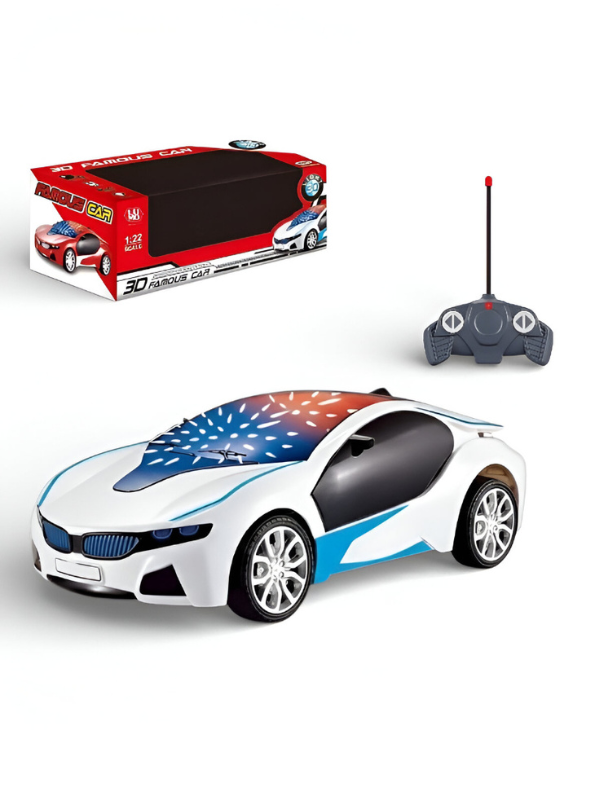 3D Famous Car Remote Control Toy - 1:22 Scale RC Car with 3D LED Light Effects, Battery Operated Racing Vehicle for Kids, Boys & Girls - White/Blue Edition LMI7667