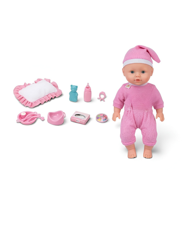 Realistic Pink Baby Doll Play Set with Changing Accessories & Pillow – 12-Inch Cute Newborn Doll in Pink Jumpsuit and Pajama Hat, Pretend Play Care Kit TV4184
