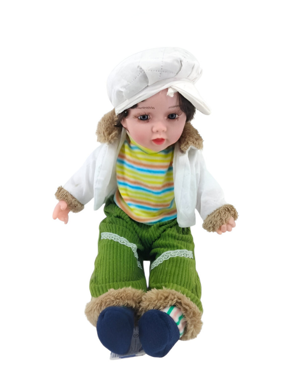 Realistic Porcelain Baby Boy Doll – Handmade Collectible Toddler Doll in Winter Outfit, White Newsboy Cap & Green Corduroy Pants LMI10505.