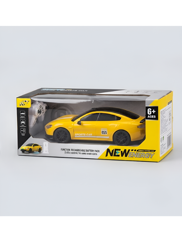 Rechargeable Remote Control EV New Energy Car Toy with 2.4GHz Remote & Toy Charging Station – Yellow High-Speed Electric RC Car for Kids Ages 6+ TV7341