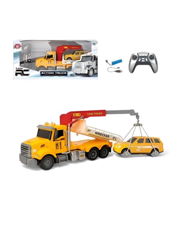 Remote Control Tow Truck Toy with Flatbed & Crane, 2.4GHz RC Wrecker with Lights, Sound, Rechargeable Battery & Mini Car NX16431.