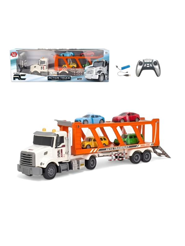 Remote Control Transport Truck with 4 Mini Cars - 2.4GHz Rechargeable RC Semi Trailer NX16584.