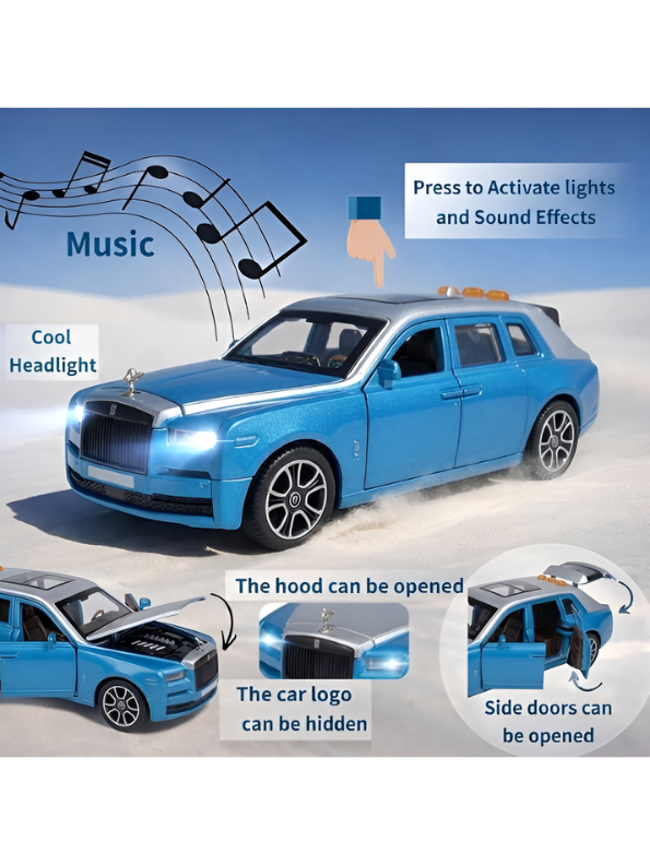 Rolls-Royce Cullinan 1/24 Scale Die-Cast SUV Model Car Blue – Features Retractable Spirit of Ecstasy Emblem, Working Lights & Music LMI16845