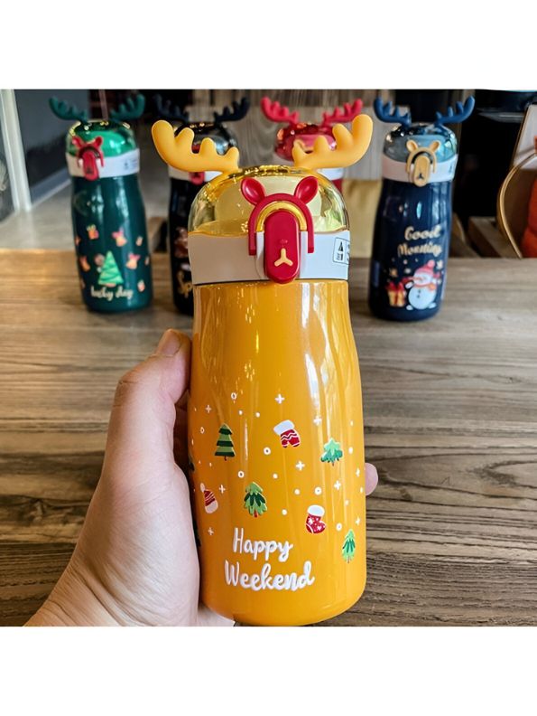 Yellow - Rudolph – Christmas Theme Kids Water Bottle 300ml | Cute Reindeer Design on Top | Leakproof & BPA-Free NOV3551.
