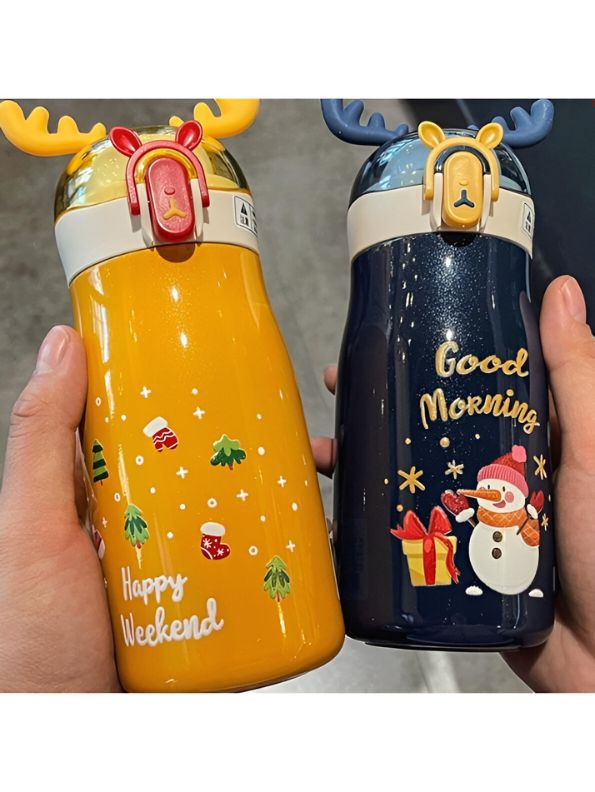 Yellow - Rudolph – Christmas Theme Kids Water Bottle 300ml | Cute Reindeer Design on Top | Leakproof & BPA-Free NOV3551.