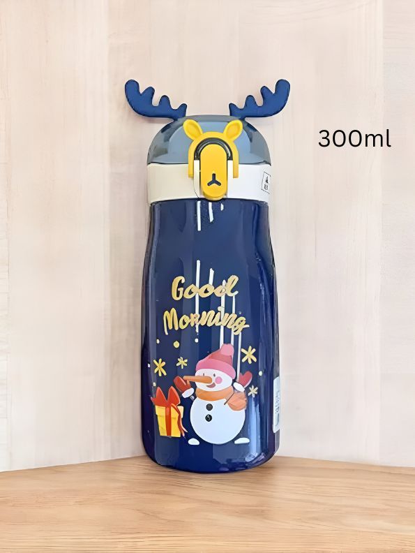Blue - Rudolph – Christmas Theme Kids Water Bottle 300ml | Cute Reindeer Design on Top | Leakproof & BPA-Free NOV3551.