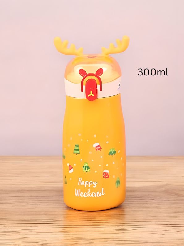 Yellow - Rudolph – Christmas Theme Kids Water Bottle 300ml | Cute Reindeer Design on Top | Leakproof & BPA-Free NOV3551.