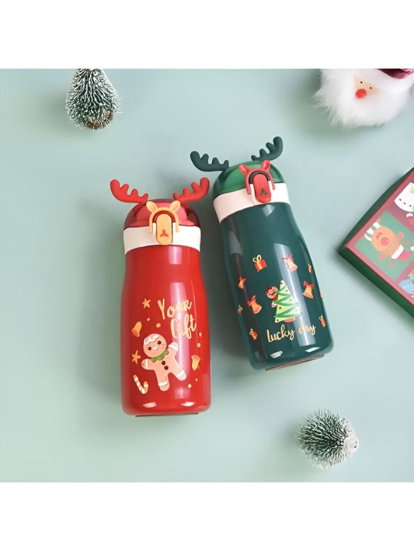 Red - Rudolph – Christmas Theme Kids Water Bottle 300ml | Cute Reindeer Design on Top | Leakproof & BPA-Free NOV3551.