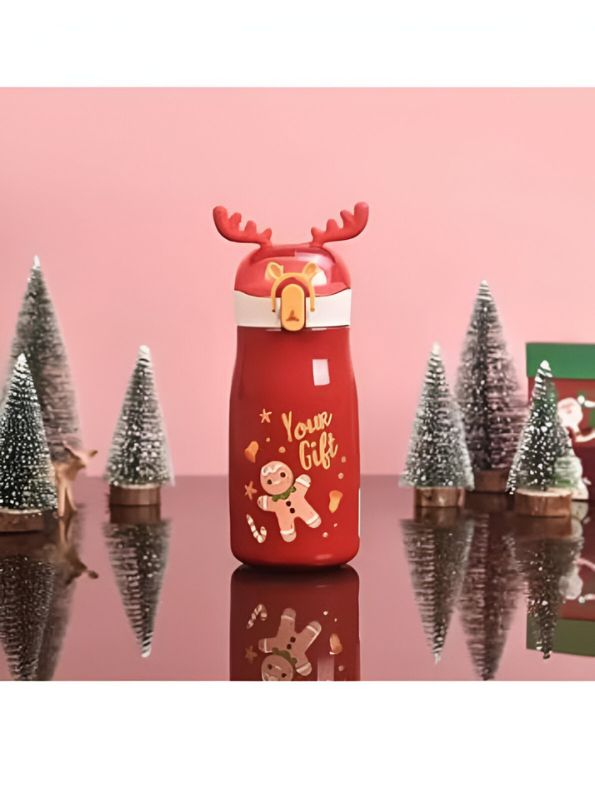 Red - Rudolph – Christmas Theme Kids Water Bottle 300ml | Cute Reindeer Design on Top | Leakproof & BPA-Free NOV3551.
