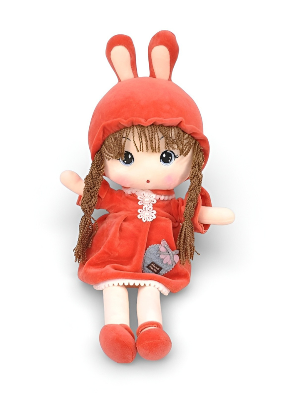 Rag Doll with Bunny Hood – Premium 45cm Plush Soft Cuddly Stuffed Toy Girl with Braided Hair & Red Velvet Dress – Ideal Gift for Kids, Toddlers & Baby Girls ST10942