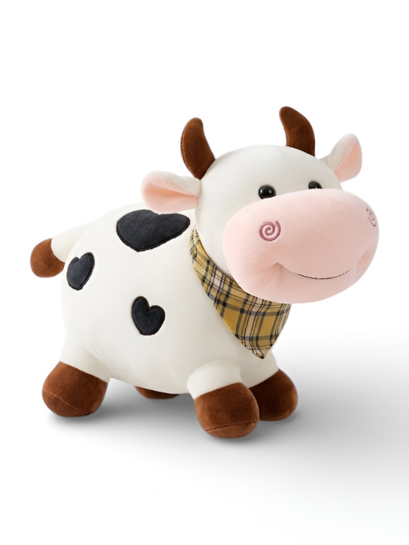 Spotted Cow Plush Toy – 15-Inch Heart-Soft Stuffed Animal with Plaid Bandana & Realistic 3-Inch Horns for Kids & Collectors ST14152