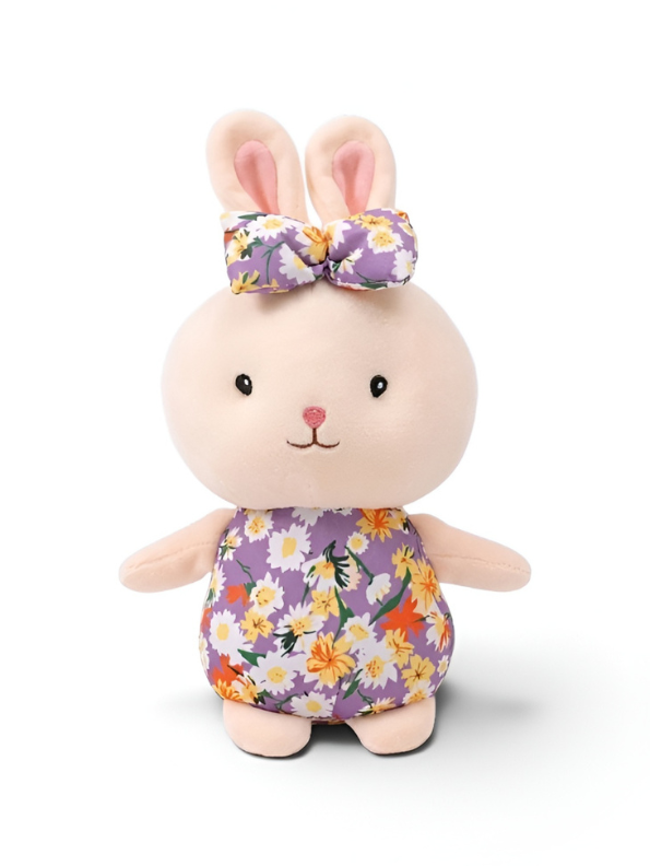 Bunny Soft Toy with Floral Print Romper and Bow – 7-Inch Cute Plush Adorable Stuffed Rabbit Toy for Kids ST11129