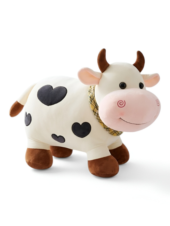 Cute Heart-Print Cow Plush Toy – Soft 8-Inch Stuffed Animal Pillow for Kids, Toddlers & Nursery Decor with Plaid Scarf ST11373
