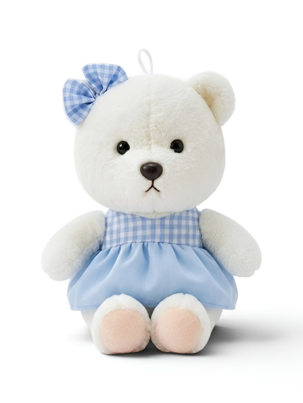 Teddy Bear with Blue Gingham Dress – 8-Inch White Plush Soft Stuffed Animal Toy for Toddlers, Kids ST11121