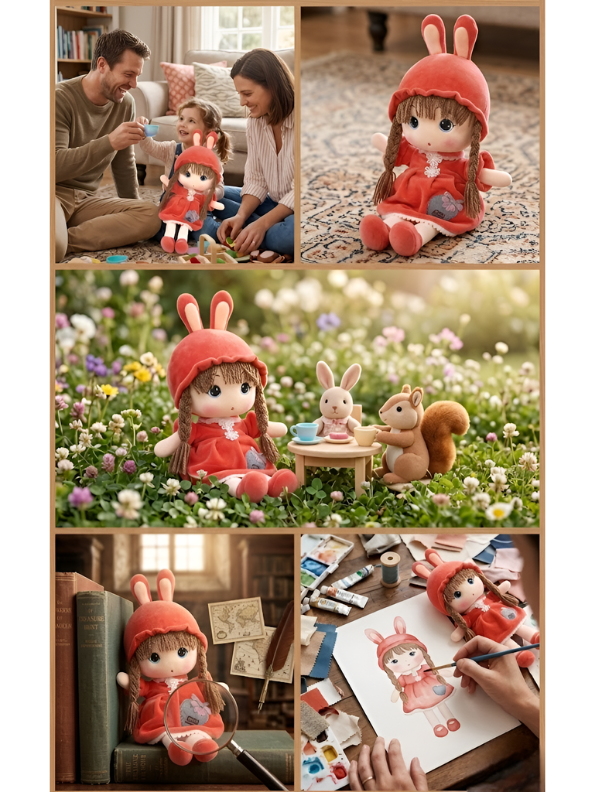 Rag Doll with Bunny Hood – Premium 45cm Plush Soft Cuddly Stuffed Toy Girl with Braided Hair & Red Velvet Dress – Ideal Gift for Kids, Toddlers & Baby Girls ST10942