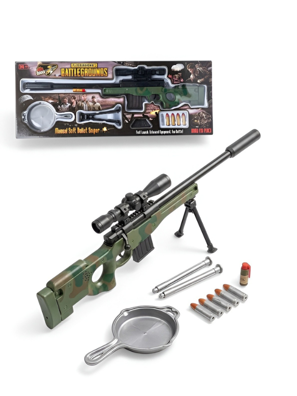 Battlegrounds-Inspired Toy Sniper Rifle with Tactical Scope, Foldable Bipod & 5 Soft Foam Bullets – Realistic Design for Safe Indoor & Outdoor Play TV1271