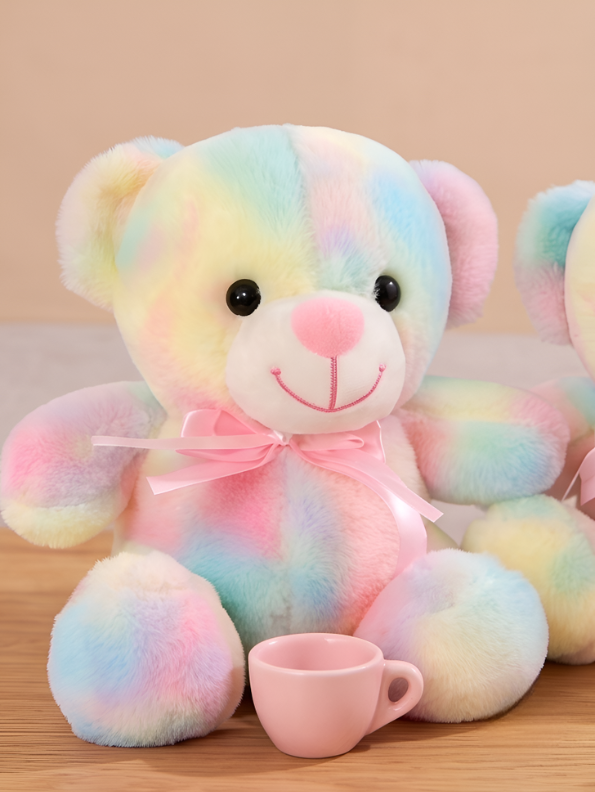 10-Inch Rainbow Teddy Bear Plush Toy – Pastel Tie-Dye Soft Stuffed Animal with Pink Ribbon Bow, Cute Colorful Plushie Gift for Kids ST11476