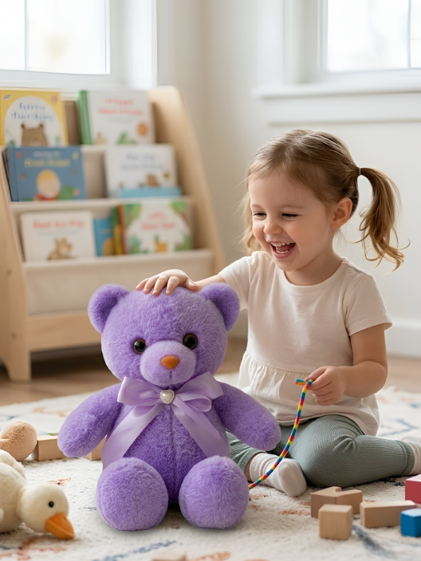 Teddy Bear Plush 8-Inch – Soft Stuffed Animal with Lavender Ribbon & Heart Charm | Cute Birthday Gift for Kids, Toddlers & Girls ST11106