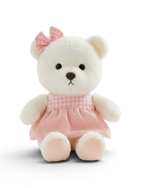 Teddy Bear with Pink Gingham Dress – 8-Inch White Plush Soft Stuffed Animal Toy for Toddlers, Kids ST11121