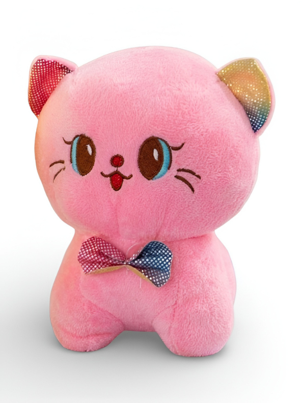 Adorable Pink Kitty Soft Toy – 7 Inch Plush Stuffed Kitten with Sparkly Rainbow Sequined Ears & Pink Bowtie | Cute Vibrant Cat Plush for Kids, Gifts & Decor ST11943