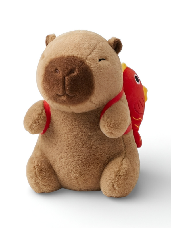 Cute Capybara Plush Toy with Red Fish Backpack – 8 Inch Soft Capybara Stuffed Animal Plushie for Kids, Boys & Girls | ST15738