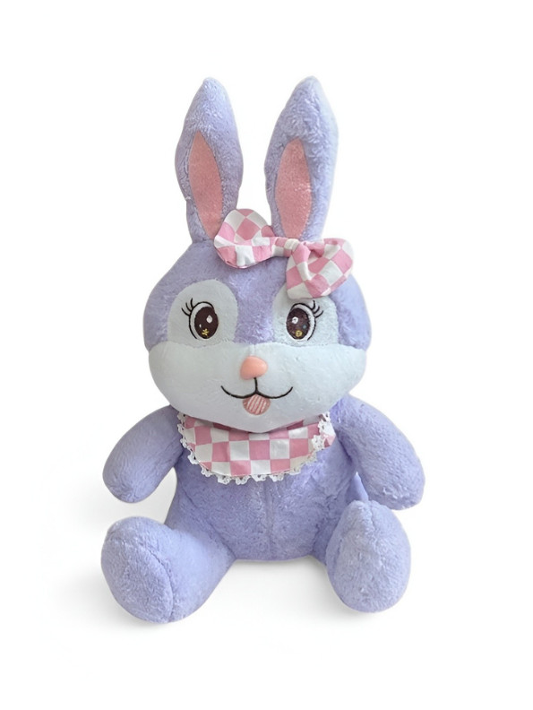 Lavender Bunny Plush Toy – 15-Inch Soft Stuffed Rabbit with Checkered Bow & Bib for Kids & Collectors ST 14539