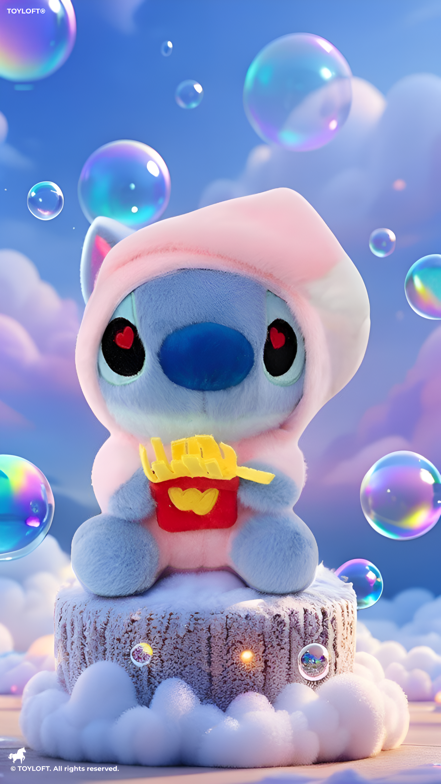 Stitch Plush in Pink Hoodie with French Fries - Kawaii Heart-Eye Anime Stuffed Animal, Soft 8-Inch Cartoon Figure Toy for Kids & Fans ST16393