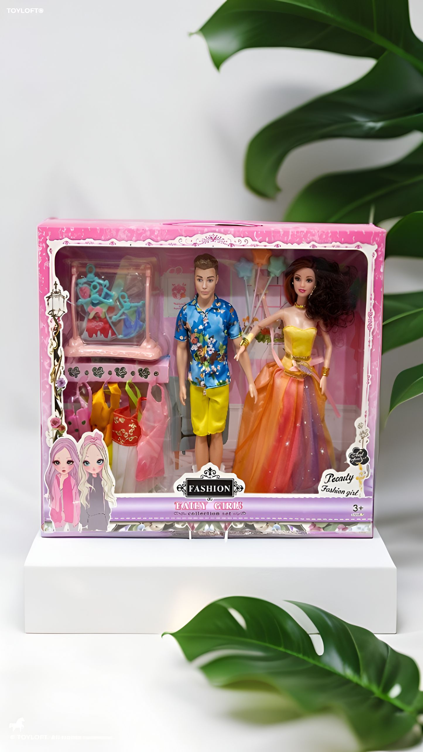 Fashion Doll Couple Gift Set with Wardrobe Accessories – Includes Male & Female Dolls, Party Outfits, Clothes Rack, and Balloons – Pretend Play Toy for Girls Ages 3+ TV3819