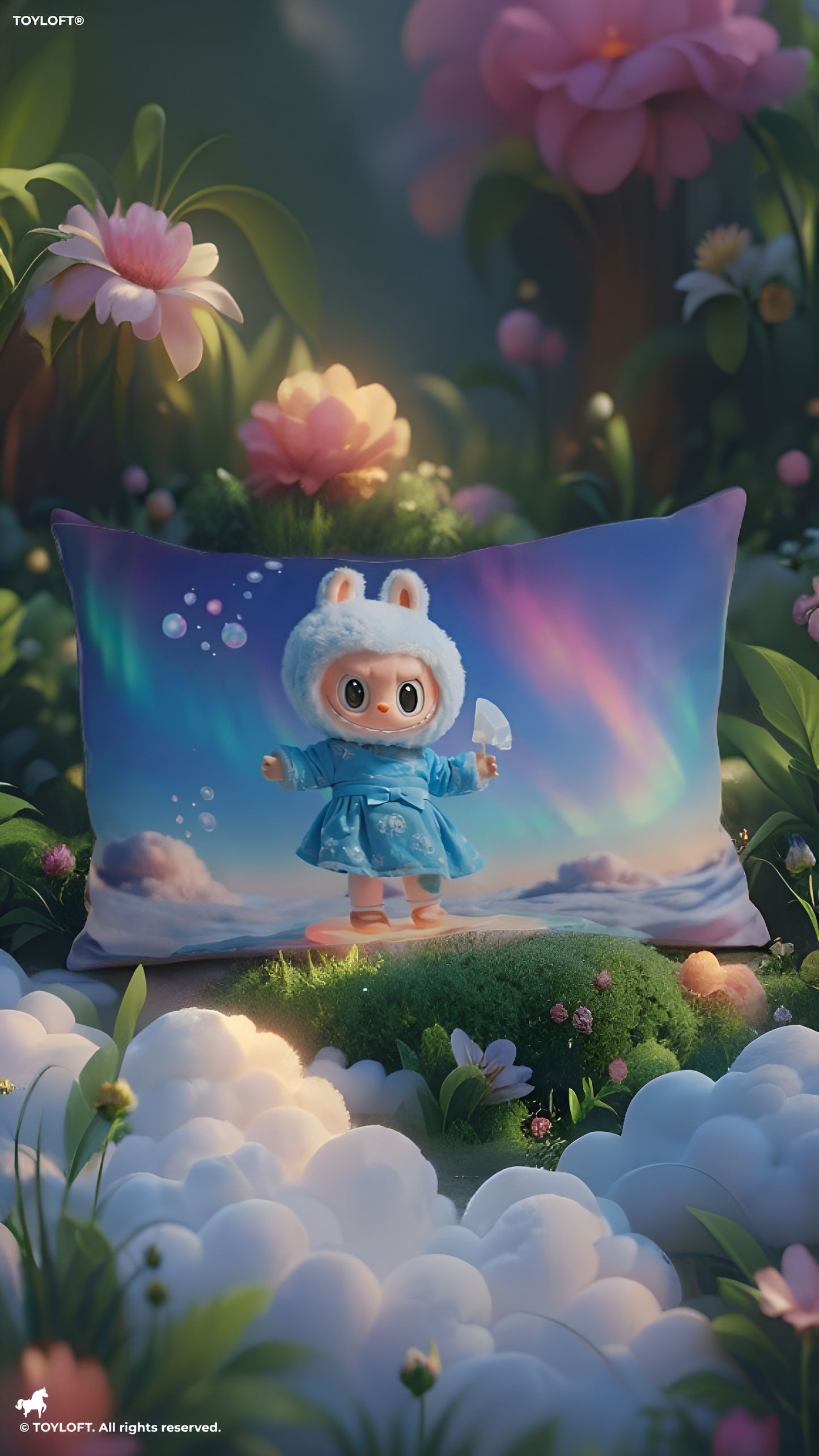 Whimsical Bunny Girl Plush Pillow – Aurora Borealis Landscape Lumbar Cushion for Kids, Nursery & Fantasy Decor, Soft Blue Decorative Throw Pillow ST11441