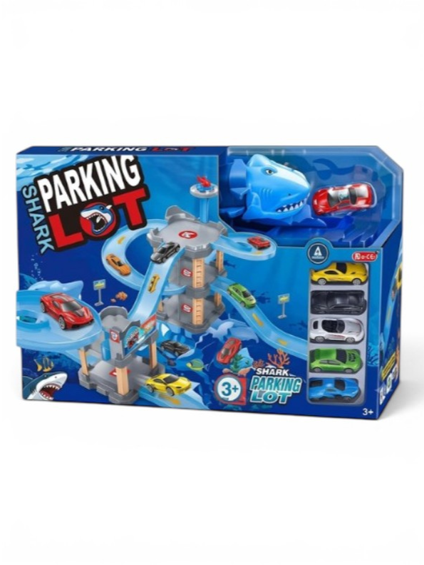 Shark Parking Lot Toy Car Track Set - 3-Level Race Track Garage Playset with Diecast Toy Cars, Shark Mouth Launcher, Connected Ramps, and Marine Animal Figures for Kids Ages 3+ TV2075