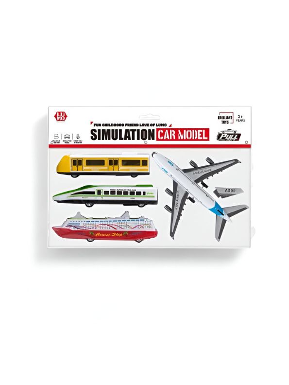 SimuRide Pull Back Action Pack – Airplane, Bus, Monorail, Ship & Cars for Kids | Dynamic Vehicle Simulation Set LMI15097.