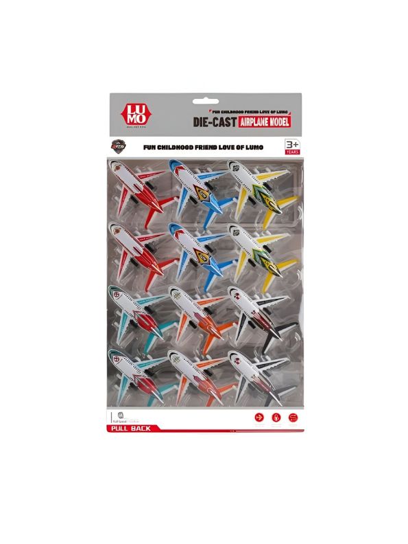 SkyZoom – 12 PCS Pull-Back Die-Cast Plane Set | Mini Metal Aircraft Toy Pack for Kids LMI15108.