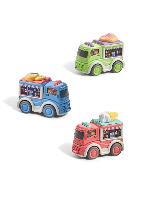 SnackRide – Pack of 3 Pull-Back Food Trucks for Kids | Colorful Mini Food Van Toy Set for Creative Street Play LMI14643.