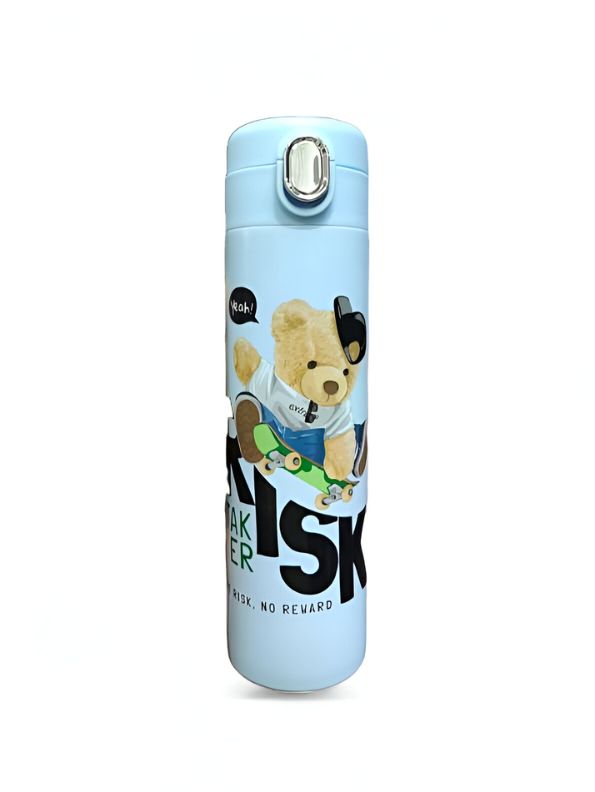 Blue - Snugbear – Stylish Bear Print Stainless Steel Water Bottle – 500ml Push Button Leak-Proof Bottle for School & Outdoor Use NOV7121.
