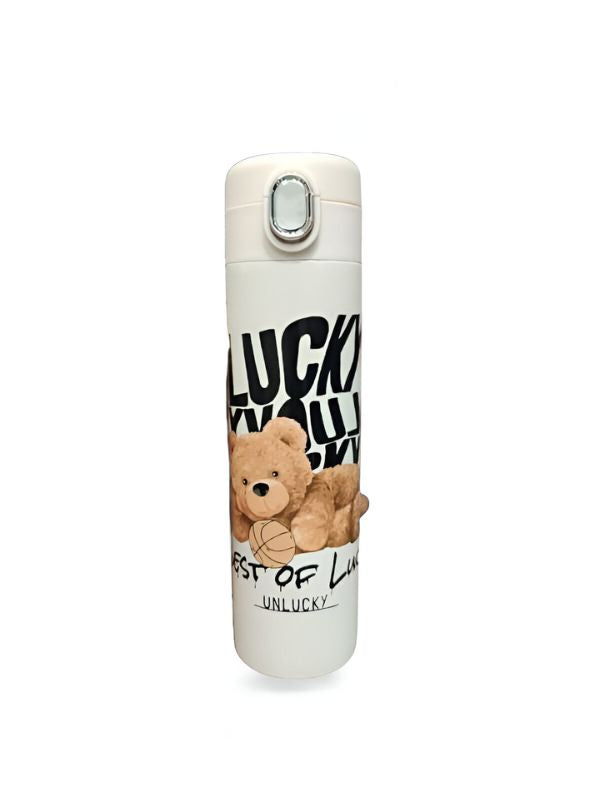 Snugbear – Stylish Bear Print Stainless Steel Water Bottle – 500ml Push Button Leak-Proof Bottle for School & Outdoor Use NOV7121.