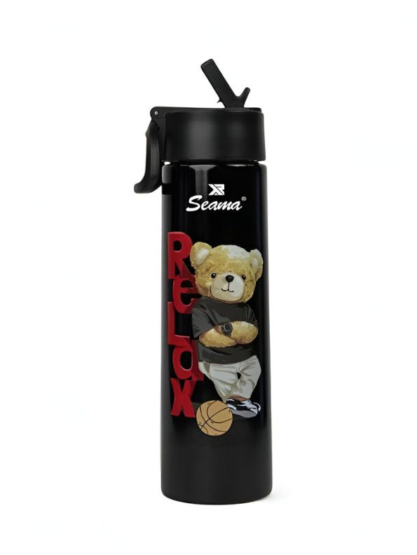 Black - Snugbear – Stylish Bear Print Stainless Steel Water Bottle – 500ml Push Button Leak-Proof Bottle for School & Outdoor Use NOV7121.