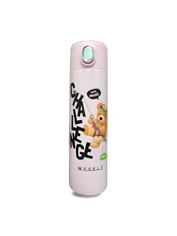Snugbear – Stylish Bear Print Stainless Steel Water Bottle – 500ml Push Button Leak-Proof Bottle for School & Outdoor Use NOV7121.