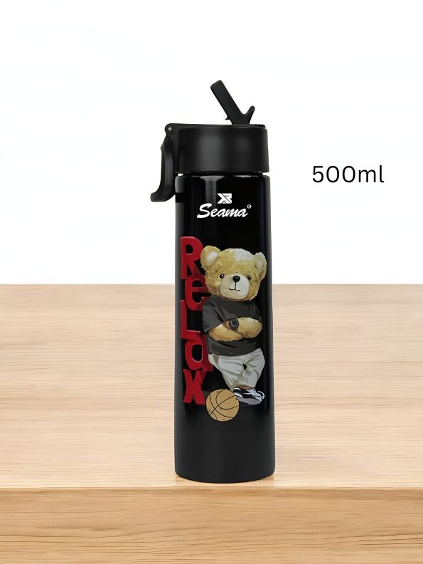 Black - Snugbear – Stylish Bear Print Stainless Steel Water Bottle – 500ml Push Button Leak-Proof Bottle for School & Outdoor Use NOV7121.
