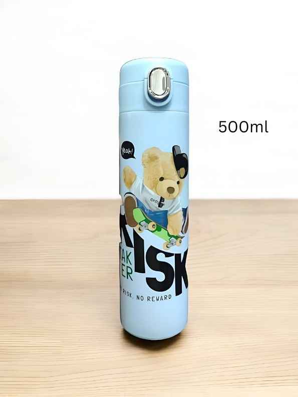 Blue - Snugbear – Stylish Bear Print Stainless Steel Water Bottle – 500ml Push Button Leak-Proof Bottle for School & Outdoor Use NOV7121.