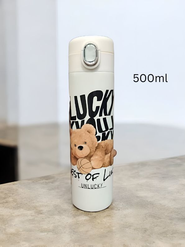 Snugbear – Stylish Bear Print Stainless Steel Water Bottle – 500ml Push Button Leak-Proof Bottle for School & Outdoor Use NOV7121.