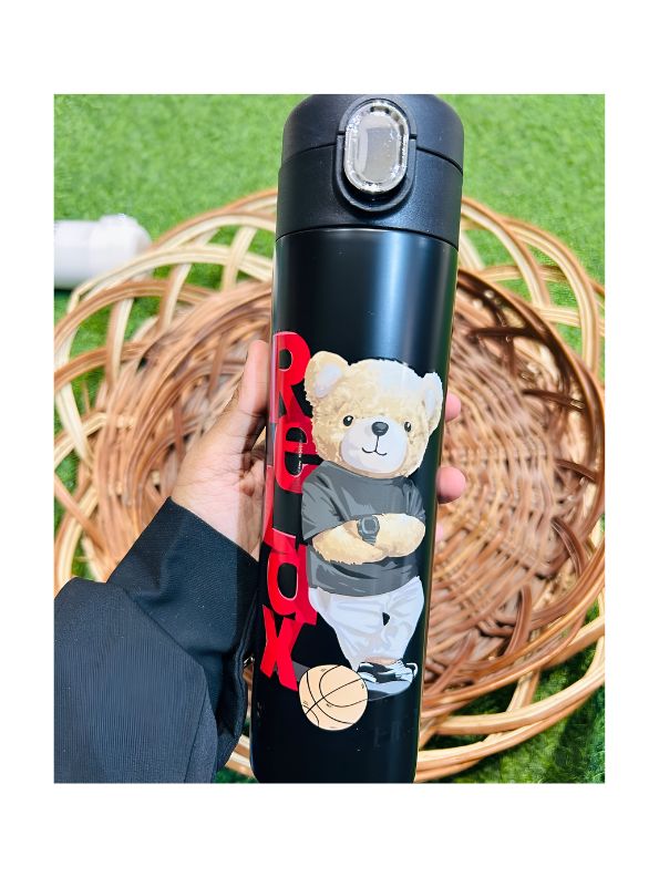 Black - Snugbear – Stylish Bear Print Stainless Steel Water Bottle – 500ml Push Button Leak-Proof Bottle for School & Outdoor Use NOV7121.