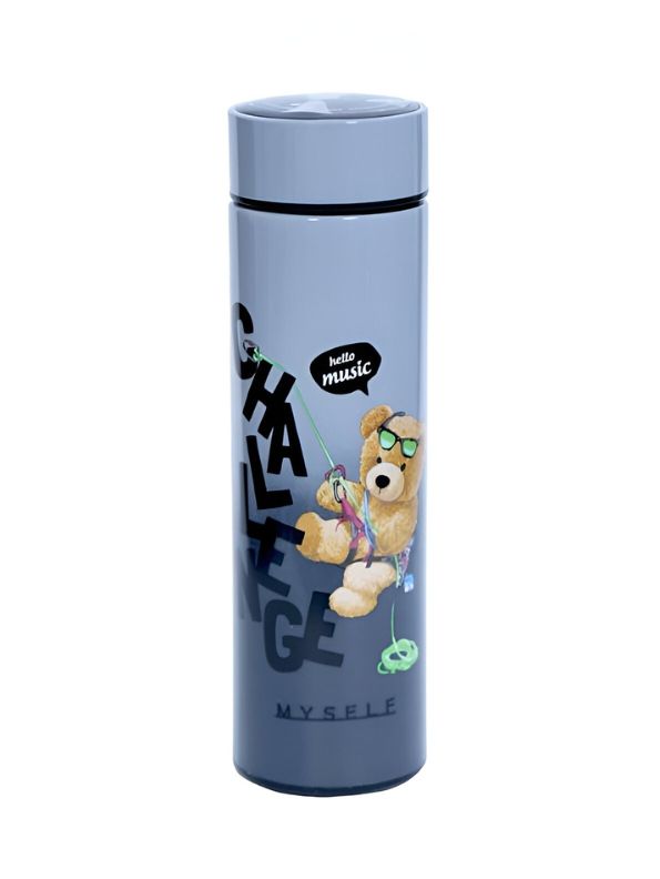 Blue - Snugbear – Stylish Bear Print Stainless Steel Water Bottle – 500ml Push Button Leak-Proof Bottle for School & Outdoor Use NOV7121.