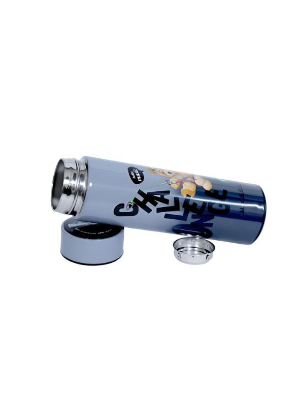 Blue - Snugbear – Stylish Bear Print Stainless Steel Water Bottle – 500ml Push Button Leak-Proof Bottle for School & Outdoor Use NOV7121.