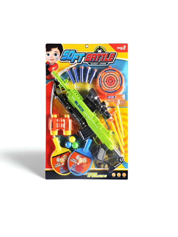 Soft Battle Blaster Gun Set – Soft Bullet Toy with Target, Scope, Darts, Balls, Binoculars & Mini Table Tennis Paddles Green LMI15207.